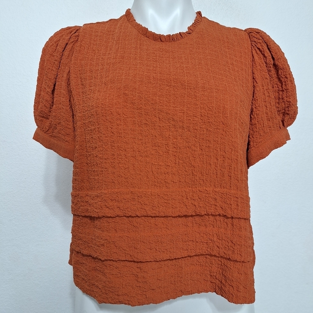 dRA "NEW" Orange Bohemian Retro Textured High Neck Short Sleeve Blouse Size S